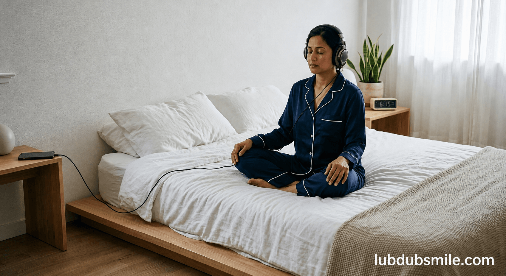 South Asian woman on platform bed with headphones doing binaural beats practice showing appropriate application for relaxation supported by cognitive function evidence