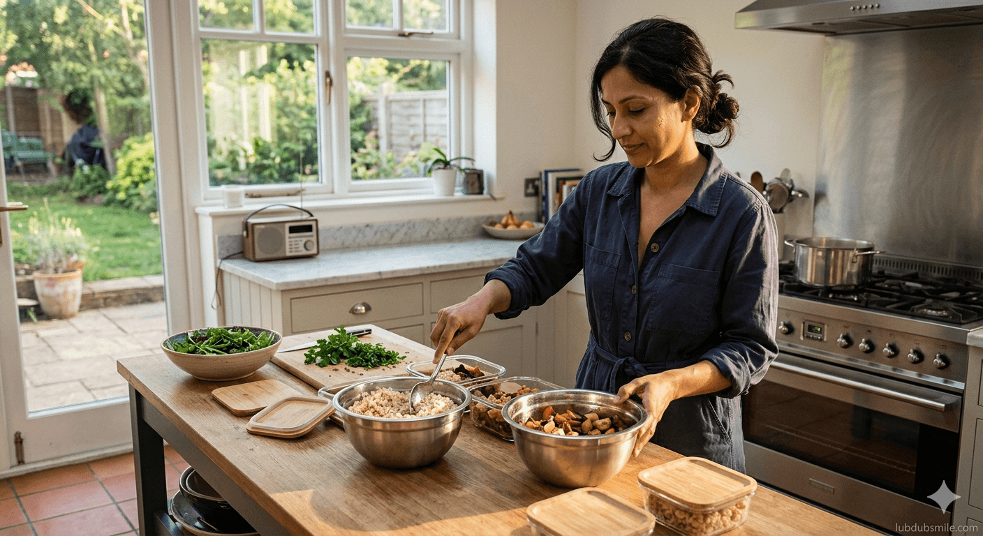 South Asian woman portioning home-cooked food into containers Sunday afternoon showing meal preparation as eating as self-care for future self