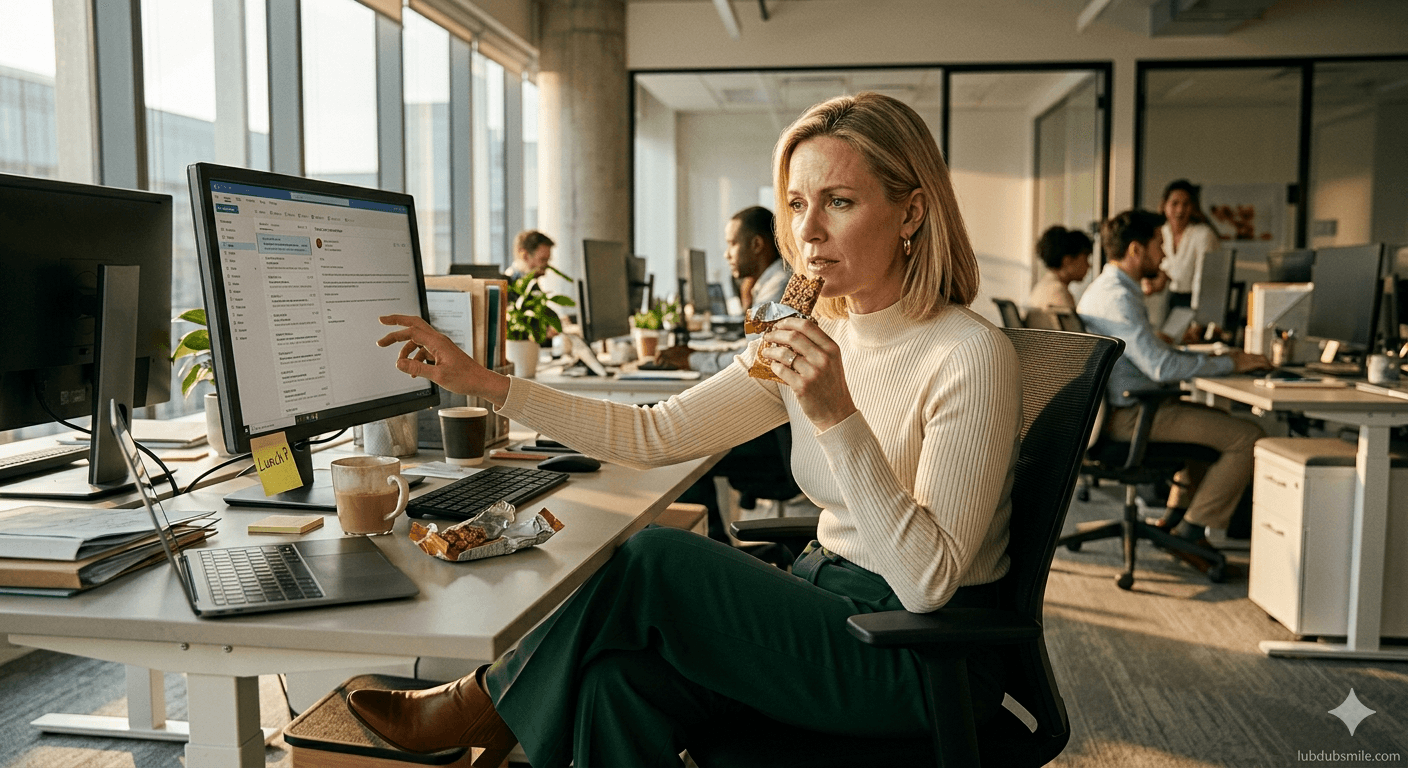 Professional woman eating granola bar at desk with sticky note reading lunch while scrolling emails showing eating as self-care deprioritized by work identity