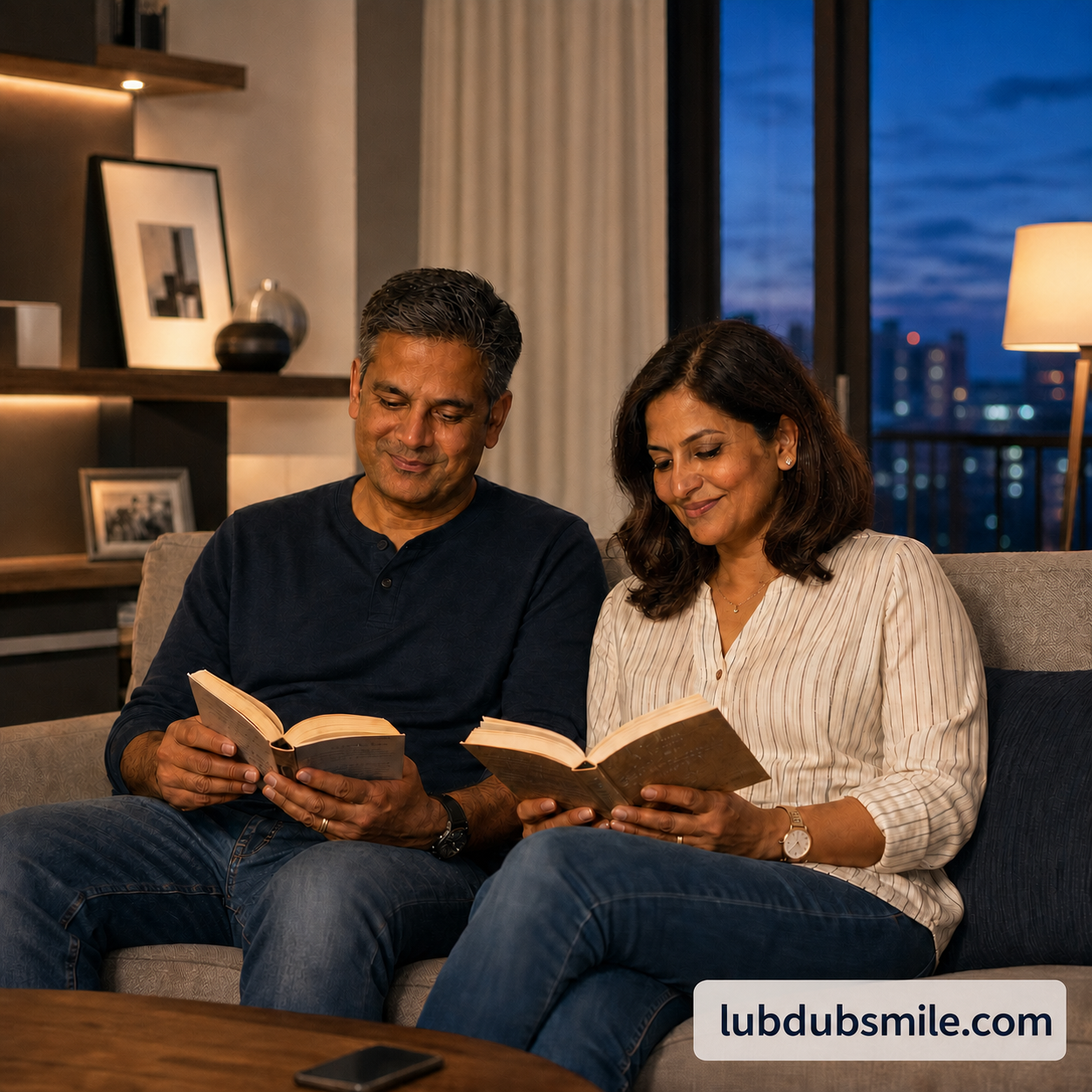 South Asian couple reading physical books under amber lamps at 8:30pm with summer sky filtered outside showing evening light management for sleep problems in summer