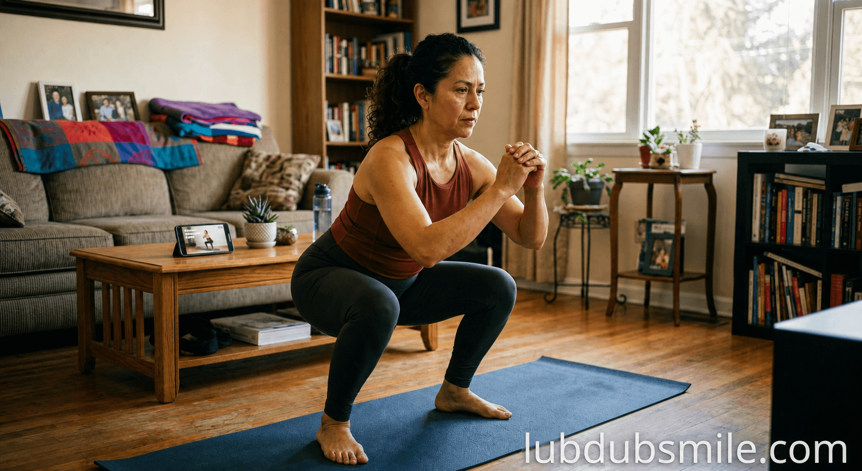 Latina woman performing bodyweight squat in living room with tutorial video showing accessible starting point for healthspan after 40 investment