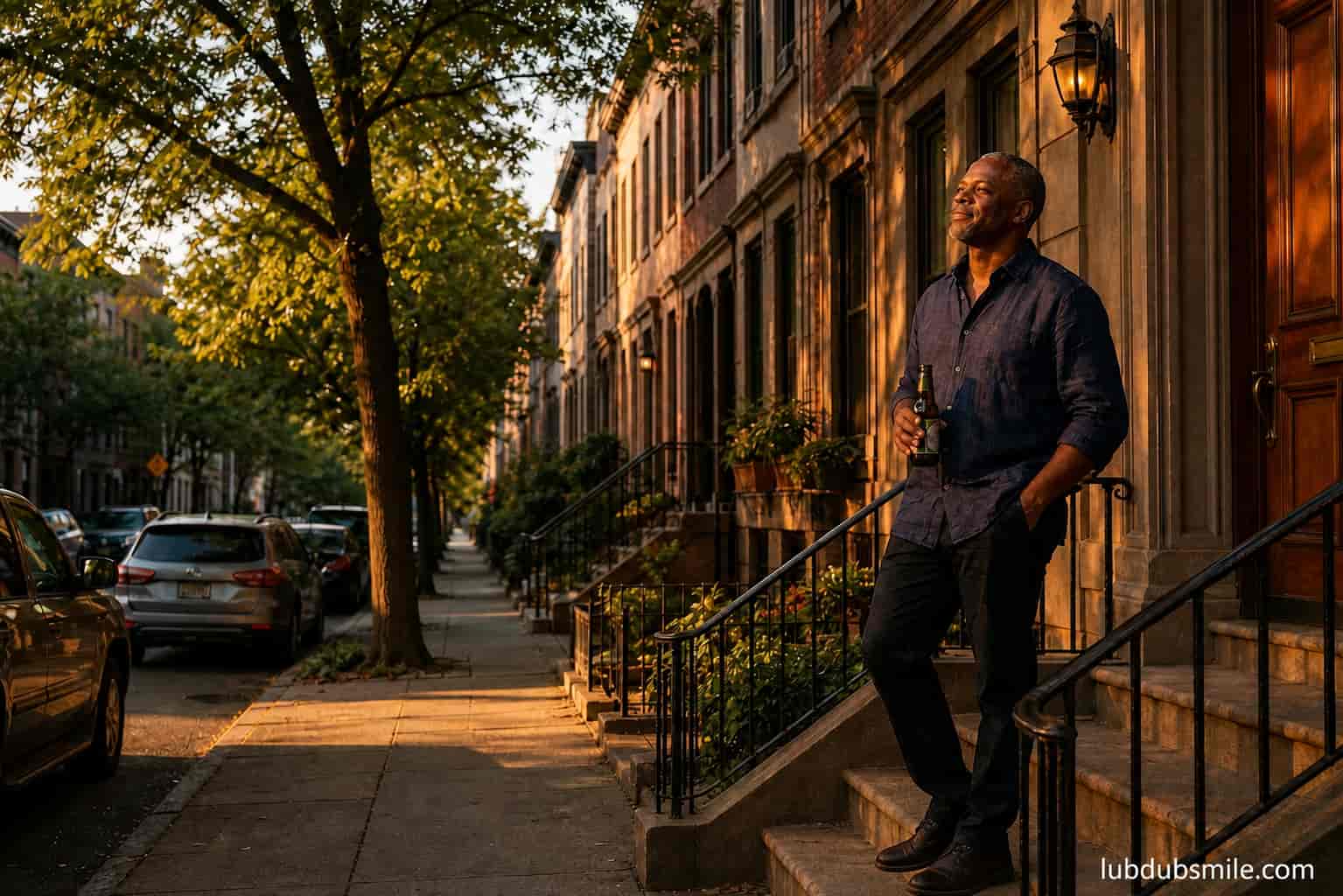 Black man standing on townhouse steps with coffee in early morning sunlight showing morning light anchoring as tool against sleep problems in summer