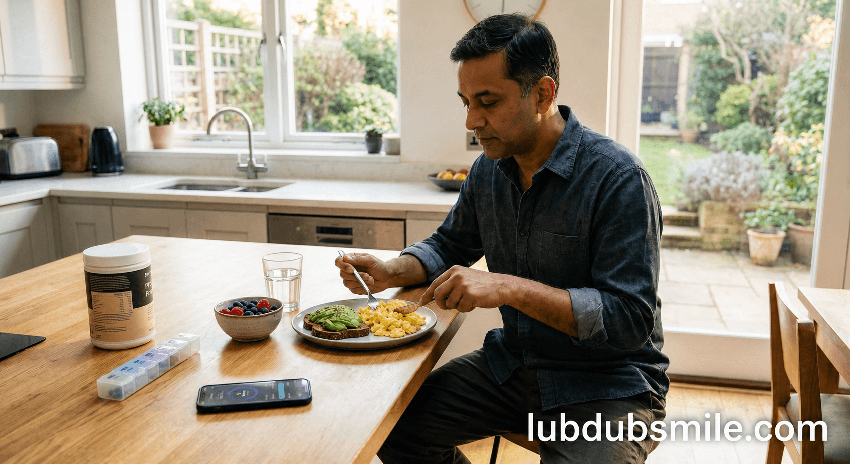 South Asian man eating composed protein-rich breakfast with sleep tracking summary showing supporting architecture for healthspan after 40