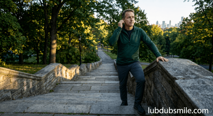 White man pausing at base of long stone staircase before morning climb showing deliberate healthspan after 40 behavioral investment