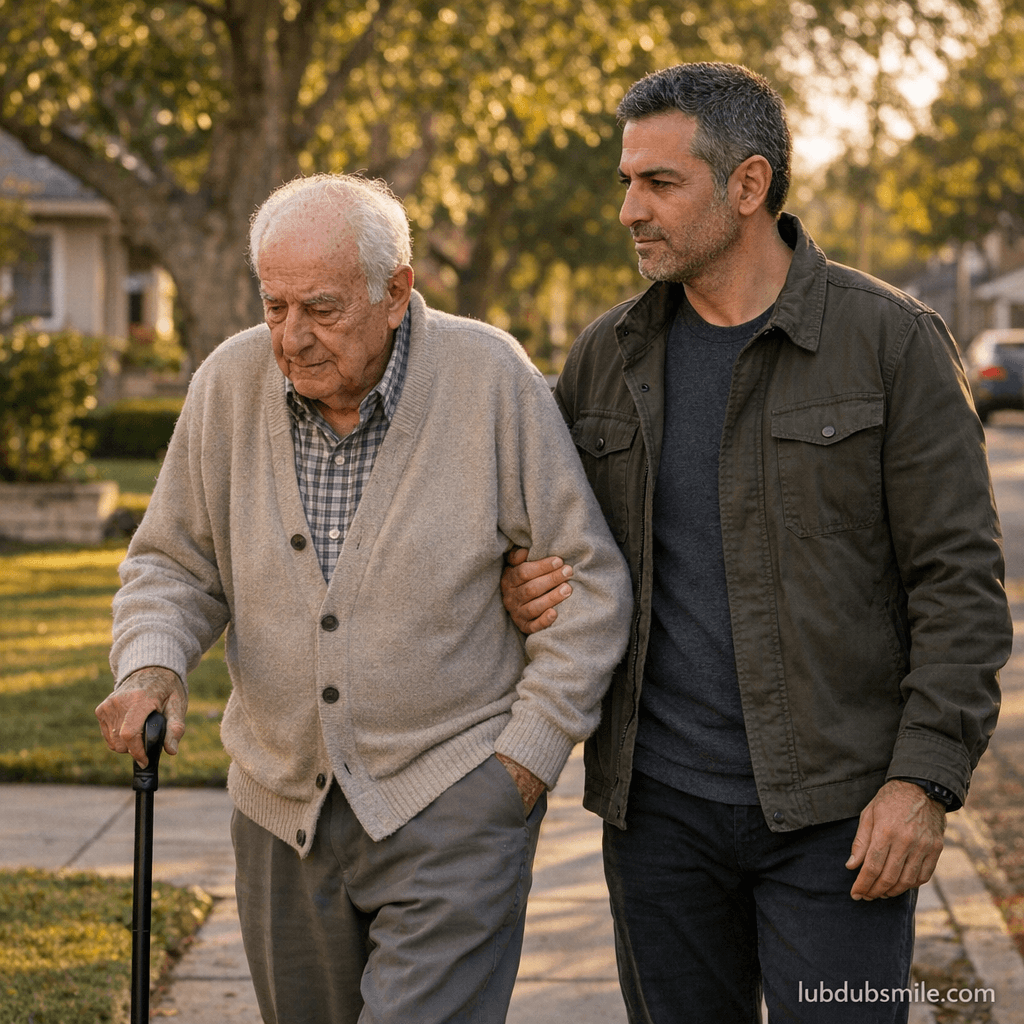 Middle Eastern man walking with elderly father using cane showing intergenerational recognition that drives healthspan after 40 investment urgency