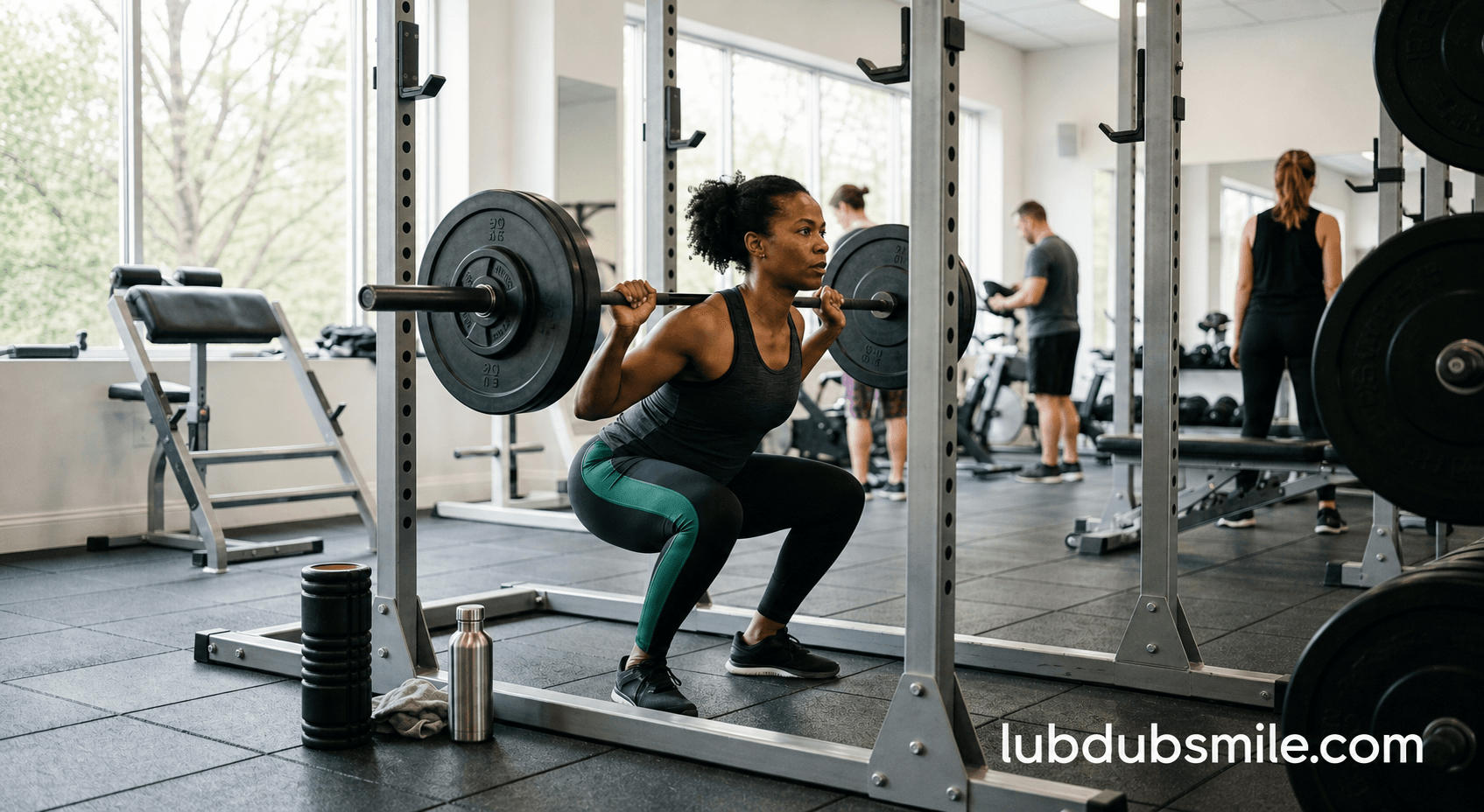Black woman performing barbell squat in quality gym showing resistance training as primary healthspan after 40 muscle preservation intervention