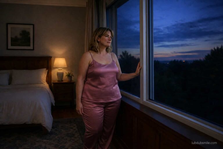 Woman in pajamas at bedroom window at 9:45pm seeing summer twilight sky showing sleep problems in summer from delayed evening darkness