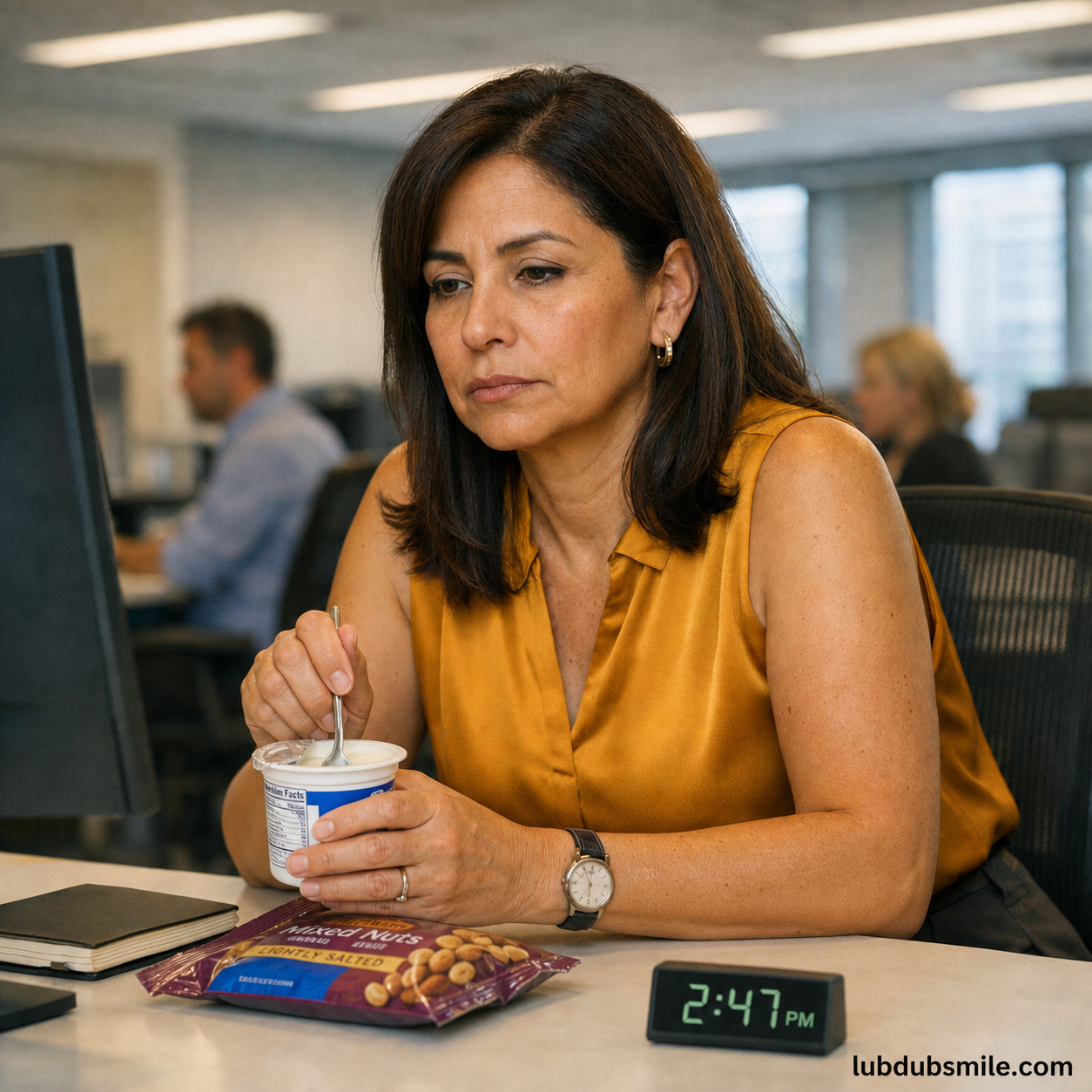 Latina woman at office desk at 2:47pm with finished coffee showing summer fatigue that sleep does not fix in sleep problems in summer pattern